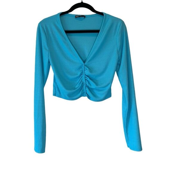 Zara Size Medium Rib Knit Crop Ruched Button Cardigan Top Blue - Picture 1 of 3